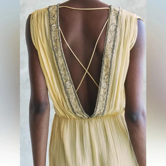 ZARA EMBROIDERED BEADED PASTEL YELLOW DRESS ZW COLLECTION - Picture 3 of 12